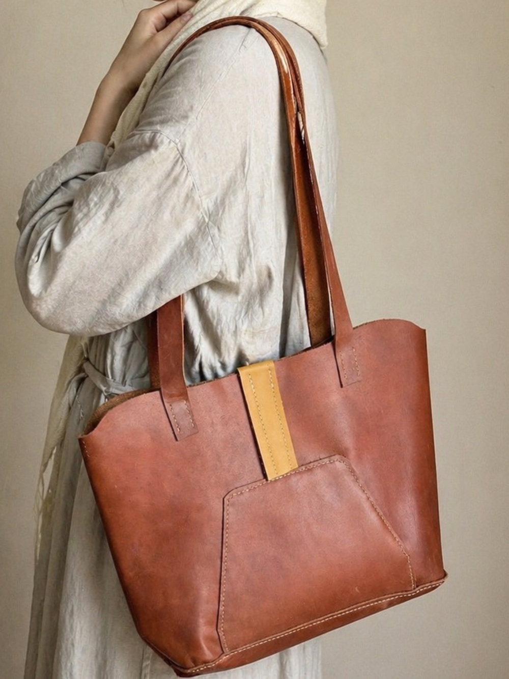 Handmade Brown Leather Tote Bag with Tan Strap
